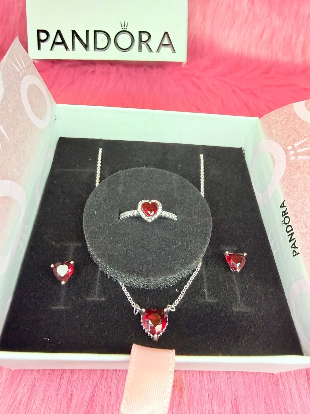 Pandora Silver Necklace, Ring & Earrings Set with Red Heart Stones - Picture 4 of 5